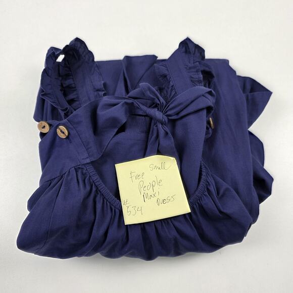 Free People Dress Womens Small Navy Maxi Ruffle Strap Tie Back Pockets OB1134716 - Picture 16 of 16
